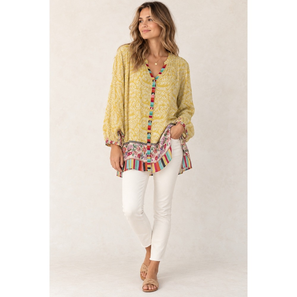 Johnny Was Millamo Blair Tunic Yellow Floral Mixed Print Cupra Rayon Boho Size L